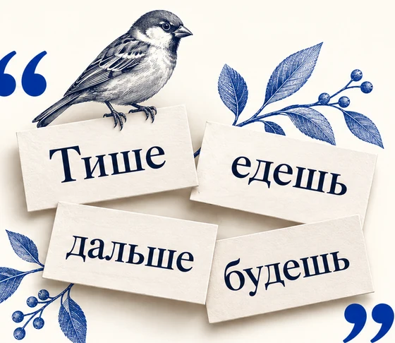Воробей на карточках со словами «Тише», «едешь», «дальше», «будешь»